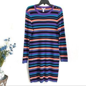 NWOT Arizona Jean Co Women’s Purple Black Striped Long Sleeve Ribbed Dress